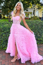 Load image into Gallery viewer, Stunning A-Line Feather Straps Long Ruffle Tulle Prom Dress With Split

