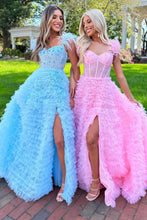 Load image into Gallery viewer, Stunning A-Line Feather Straps Long Ruffle Tulle Prom Dress With Split
