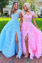 Load image into Gallery viewer, Stunning A-Line Feather Straps Long Ruffle Tulle Prom Dress With Split