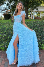 Load image into Gallery viewer, Stunning A-Line Feather Straps Long Ruffle Tulle Prom Dress With Split
