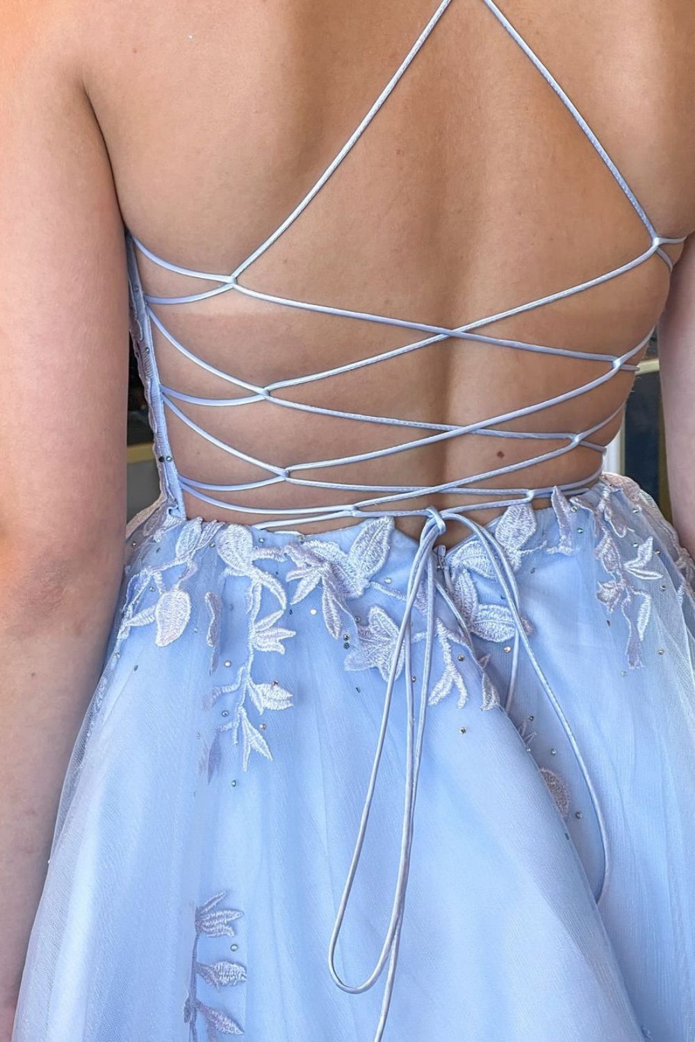 Luuvis Women Cute A-Line Light Blue Spaghetti Straps Lace Up Tulle