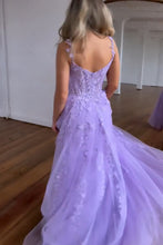 Load image into Gallery viewer, Purple A-Line Spaghetti Straps Zipper Back Long Tulle Prom Dress With Appliques