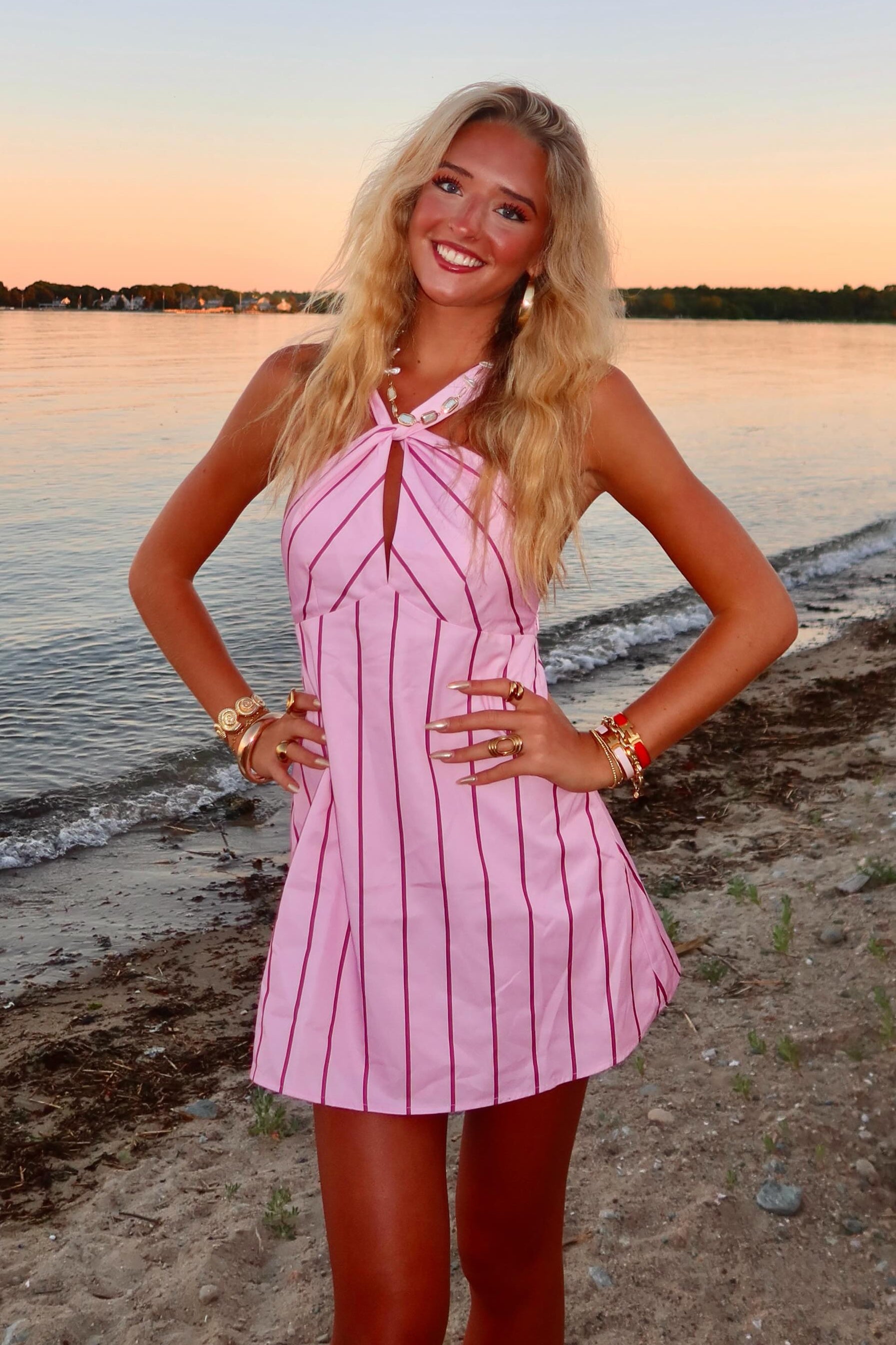 Luuvis Women Pink Short Homecoming Dress Cute A Line Halter Neck Mini Dress with Keyhole
