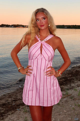 Cute A Line Halter Neck Pink Short Homecoming Dress with Keyhole