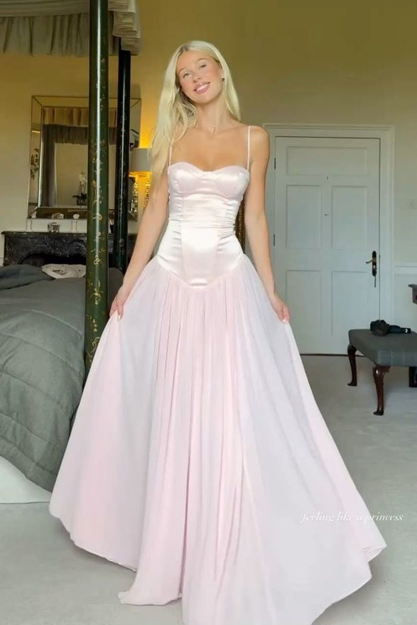 Cute A Line Spaghetti Straps Light Pink Long Prom Dress with Ruffles