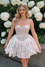 Load image into Gallery viewer, Cute A Line Spaghetti Straps White Lace Short Homecoming Dress with Ruffles
