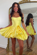 Load image into Gallery viewer, Cute A Line Strapless Yellow Corset Homecoming Dress with 3D Flowers
