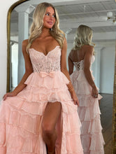 Load image into Gallery viewer, Cute A Line Sweetheart Pink Corset Prom Dress with Appliques Criss Cross Back
