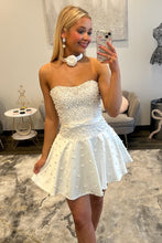 Load image into Gallery viewer, Cute A Line Sweetheart White Short Homecoming Dress with Pearls&amp; Bowknot
