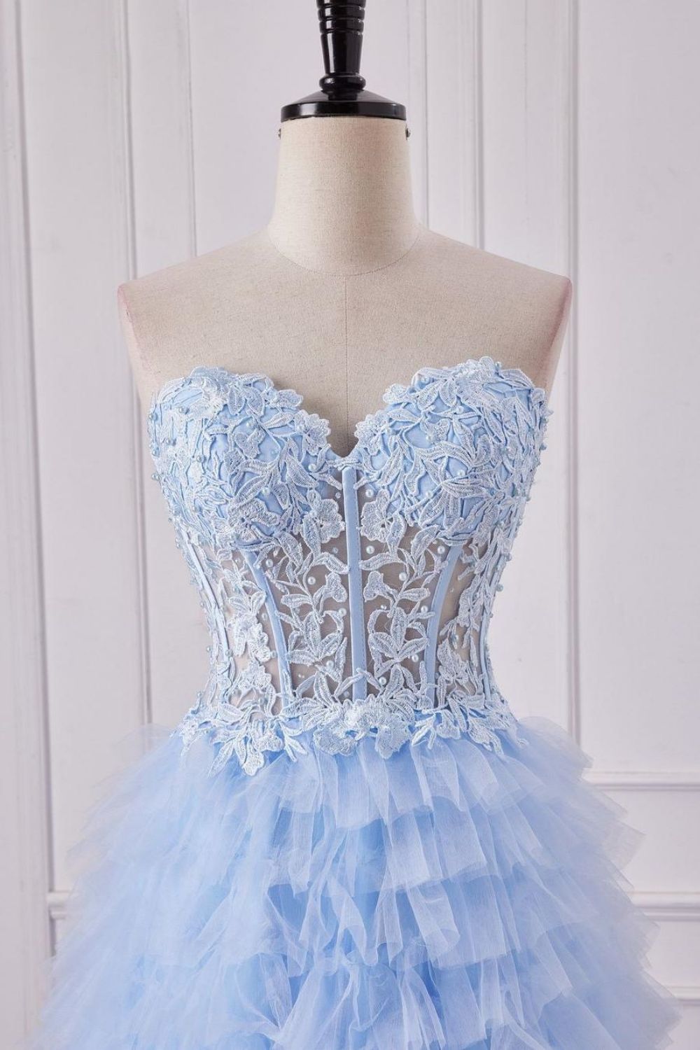 Luuvis Cute Light Blue Sweetheart A-Line Lace Top Long Tulle Prom Dress