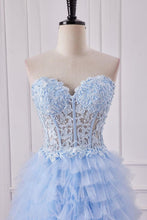 Load image into Gallery viewer, Cute Light Blue Sweetheart A-Line Lace Top Long Tulle Prom Dress With Slit