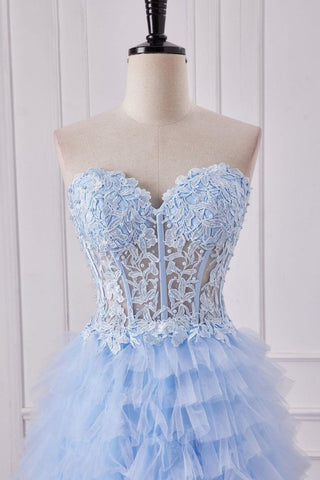 Cute Light Blue Sweetheart A-Line Lace Top Long Tulle Prom Dress With Slit