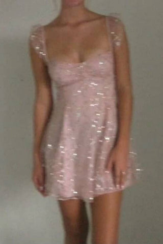 Cute Light Pink Sparkly Sequin Straps Homecoming Mini Party Dress