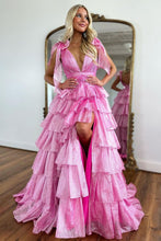 Load image into Gallery viewer, Cute Pink Princess A Line Deep V-Neck Long Tiered Prom Dress With Split