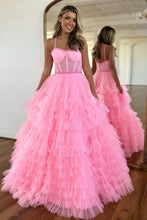 Load image into Gallery viewer, Cute Pink A-Line Spaghetti Straps Long Tiered Tulle Prom Dress
