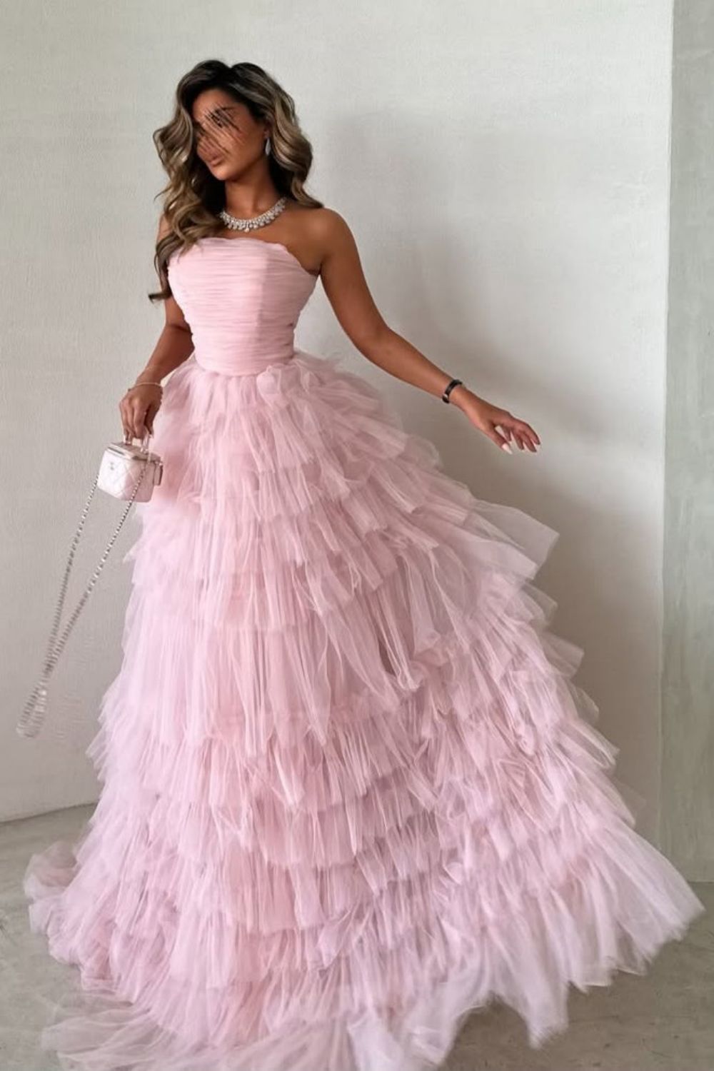 Luuvis Women Cute Pink A-Line Strapless Lace Up Long Layered Tulle Prom Dress