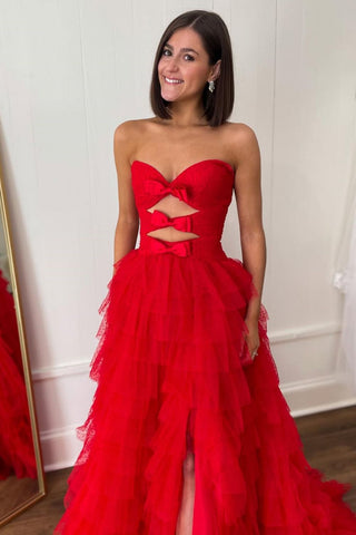 Cute Red A-Line Sweetheart Long Tulle Prom Dress with Bowknot Slit