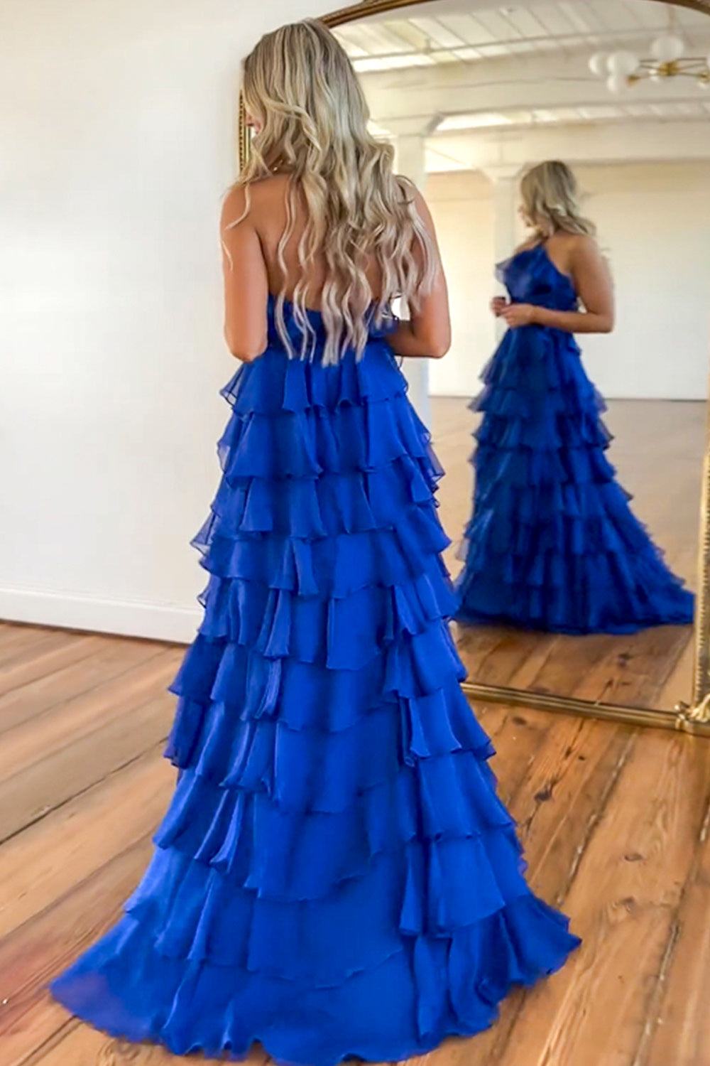 knee length dresses for ladies Blue Tulle Spaghetti Straps High Slit Sweep Train Prom Dress With Appl –  Simidress main image 1