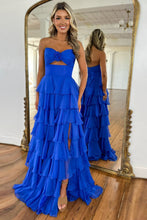 Load image into Gallery viewer, Cute Royal Blue A-Line Strapless Long Tiered Prom Dress with Slit
