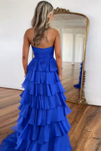 Load image into Gallery viewer, Cute Royal Blue A-Line Strapless Long Tiered Prom Dress with Slit
