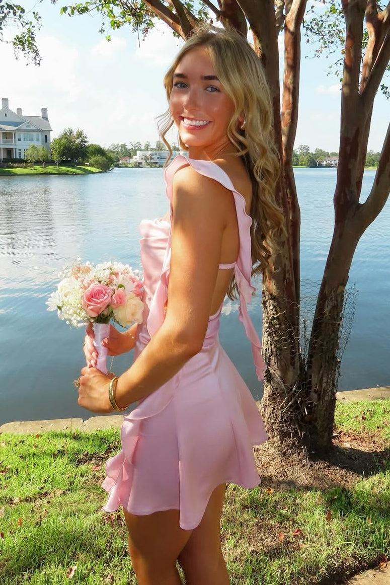 homecoming dresses with cute backs Luuvis Women Pink Short Dress Sheath Square Neck Cocktail Dress Backless half open back dress