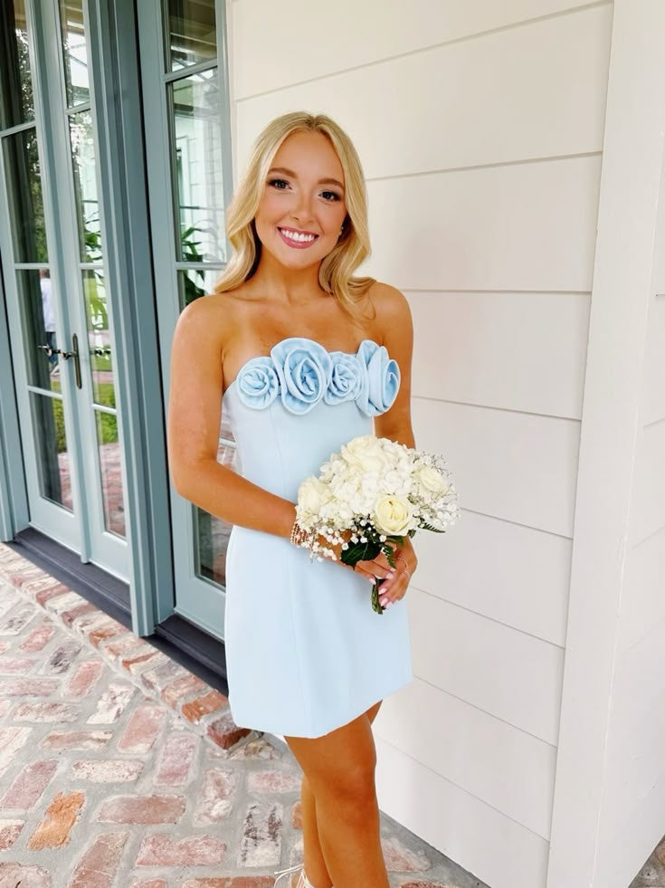 Cute Sheath Strapless Light Blue Short Homecoming Dress with 3D Flowers