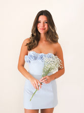 Load image into Gallery viewer, Cute Sheath Strapless Light Blue Short Homecoming Dress with 3D Flowers
