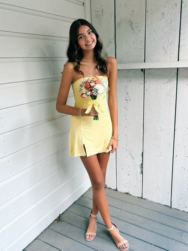 Cute Sheath Strapless Yellow Short Homecoming Dress with Slit