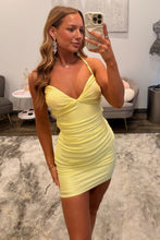 Load image into Gallery viewer, Trendy Sheath Spaghetti Straps Yellow Short Homecoming Dress with Criss Cross Back