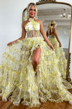 Load image into Gallery viewer, Cute Yellow A-Line Halter Neck Backless Long Tulle Prom Dress With Slit