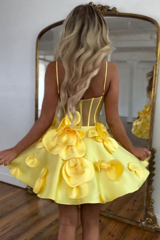 Cute Yellow A-Line Spaghetti Straps Short Floral Satin Homecoming Dress
