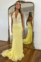 Load image into Gallery viewer, Cute Yellow Mermaid Halter Neck Backless Long Lace Prom Dress
