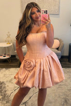 Load image into Gallery viewer, Fashionable A Line Strapless Lilac Floral Printed Corset Homecoming Dress with 3D Flowers