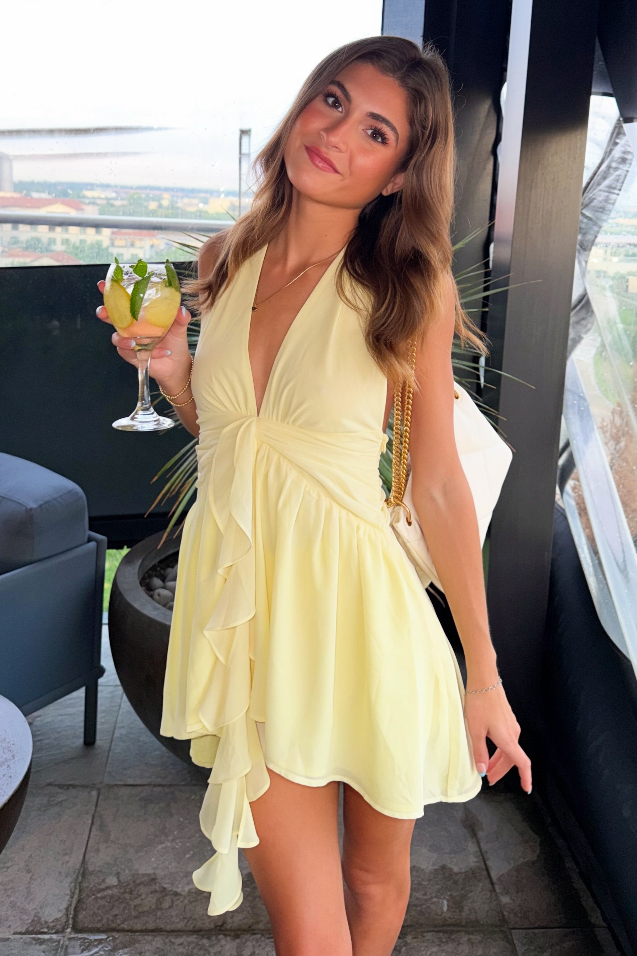 Cute A Line Halter Neck Light Yellow Short Homecoming Dress with Ruffles