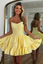 Load image into Gallery viewer, Cute A Line Strapless Pink Corset Homecoming Dress with Pearls
