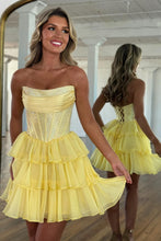 Load image into Gallery viewer, Cute A Line Strapless Yellow Corset Homecoming Dress with Ruffles Beading

