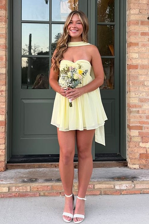 Cute A Line Sweetheart Light Yellow Short Homecoming Dress with Scarf