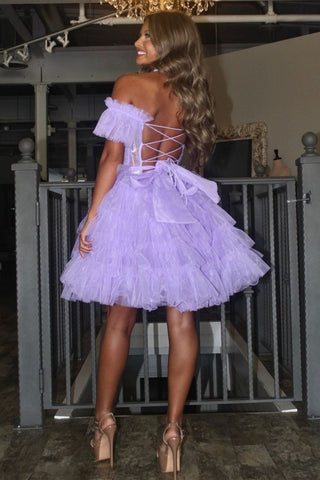 Cute Lilac A-Line Off The Shoulder Lace Up Short Tulle Homecoming Dress