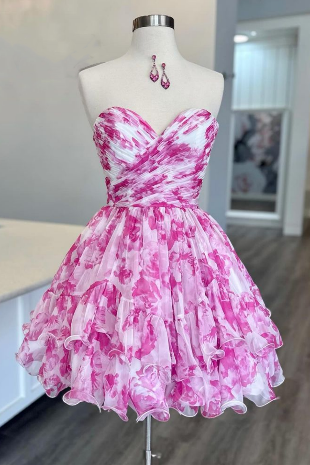 Luuvis Women Cute Pink A-Line Sweetheart Short Tiered Print Chiffon