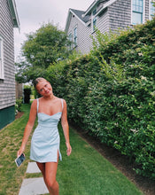 Load image into Gallery viewer, Cute Sheath Spaghetti Straps Light Blue Satin Short Homecoming Dress with Slit
