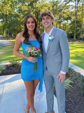 Load image into Gallery viewer, Cute Sheath Strapless Blue Short Homecoming Dress with Ruched
