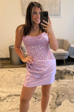 Load image into Gallery viewer, Glamorous Strapless Mini Homecoming Dress with Beaded Corset and Draped Skirt
