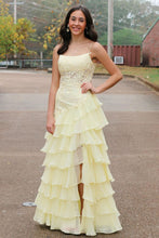 Load image into Gallery viewer, Cute Yellow Mermaid Spaghetti Straps Long Lace Prom Dress with Slit
