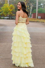 Load image into Gallery viewer, Cute Yellow Mermaid Spaghetti Straps Long Lace Prom Dress with Slit
