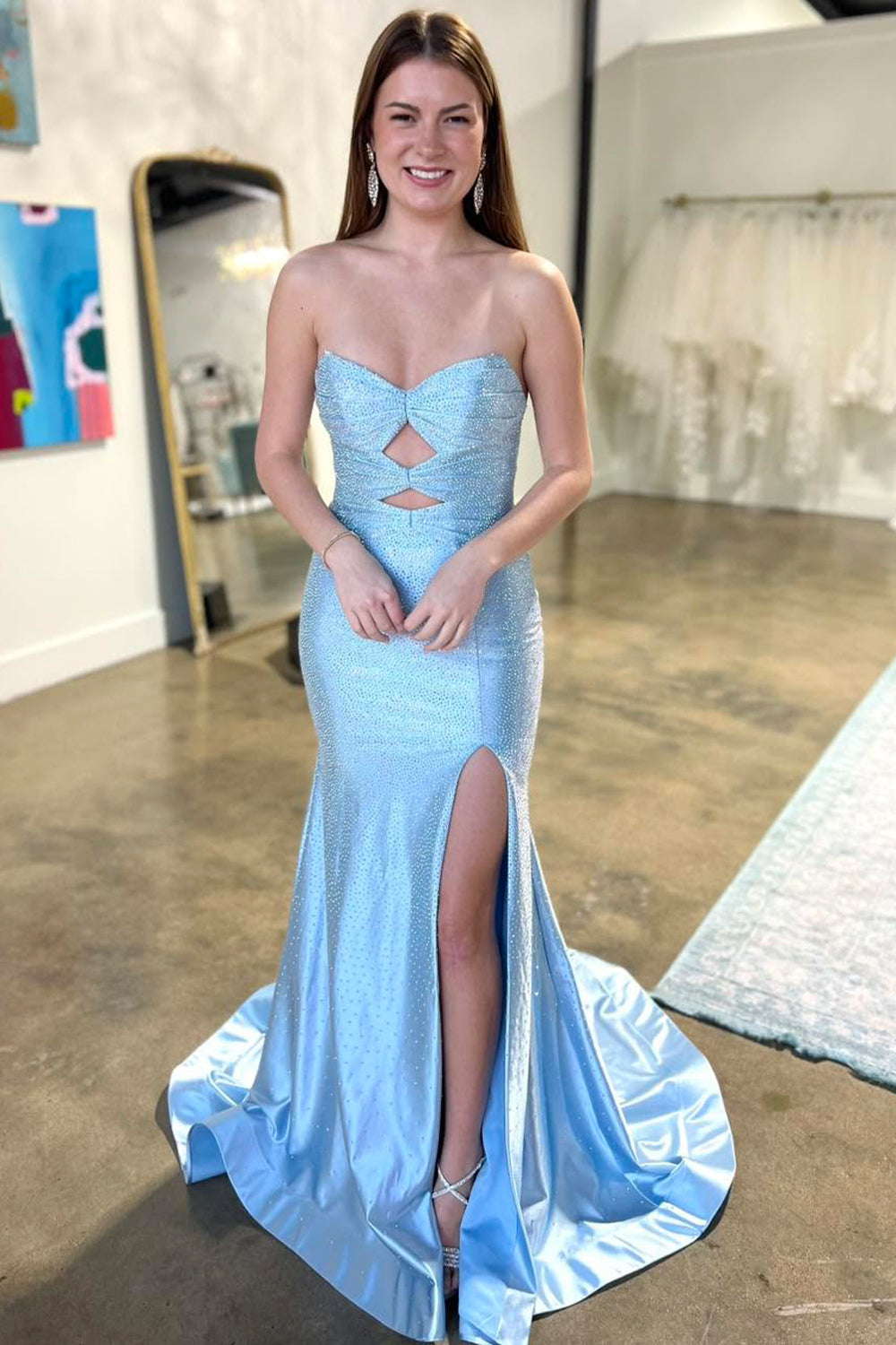 Luuvis Women Cute Yellow Mermaid Strapless Long Beaded Prom Dress with Slit