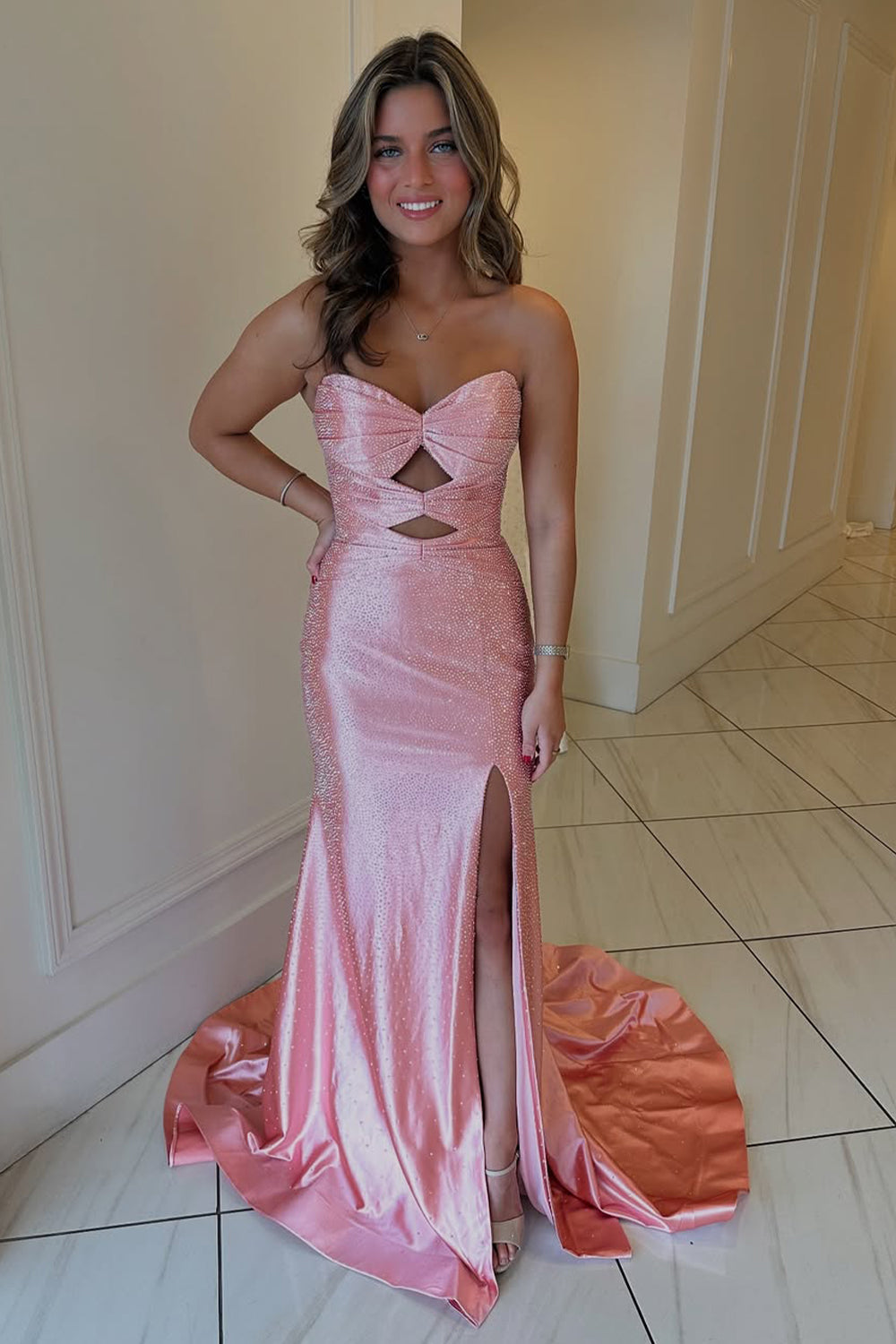 Glamorous Mermaid Strapless Corset Ruched Lace Yellow Prom Dress With High Slit main image 1