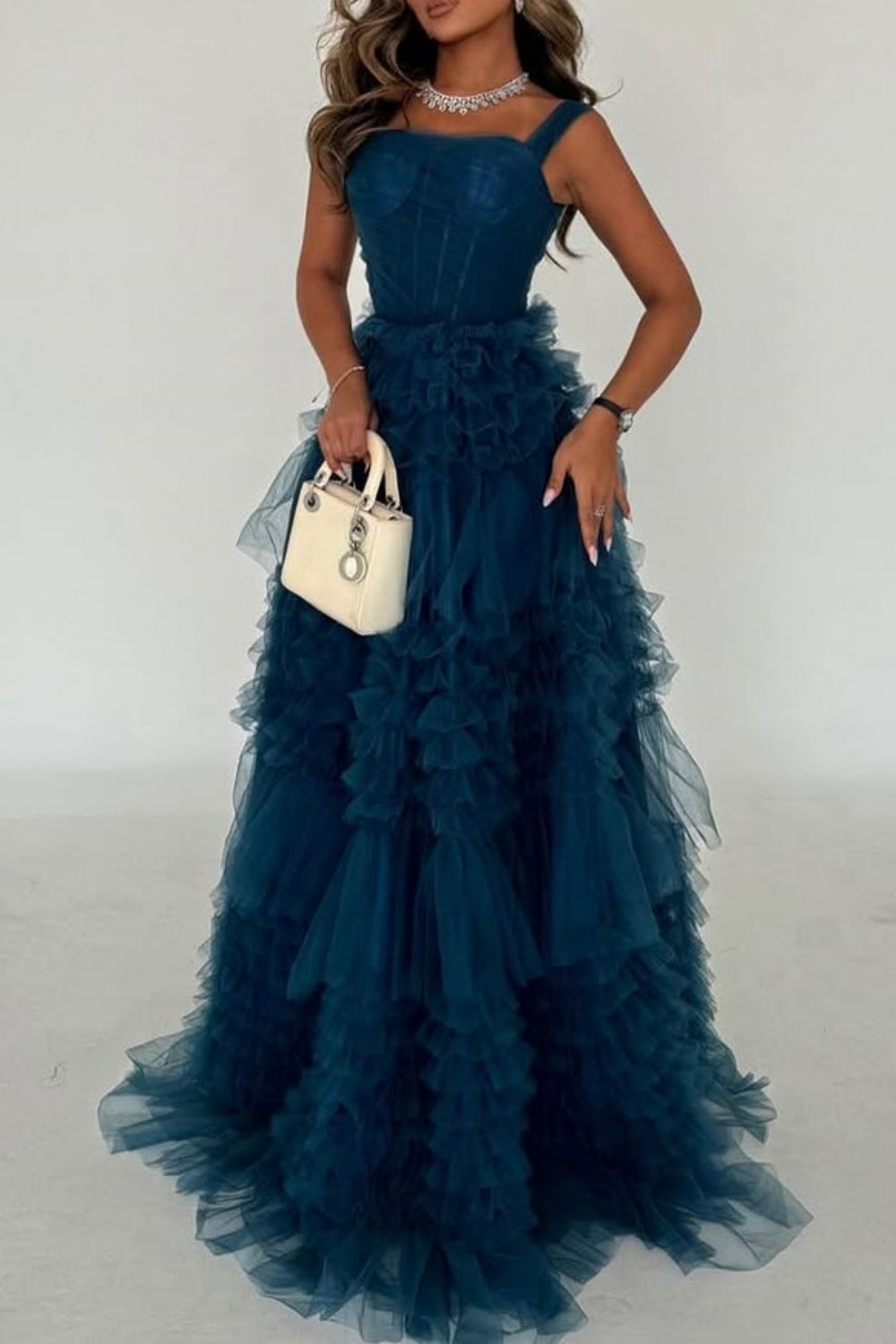 Luuvis Women Dark Blue A-Line Straps Long Ruffle Tulle Formal Party Dress Luuvis Women Dark Blue A-Line Straps Long Ruffle Tulle Formal Party Dress