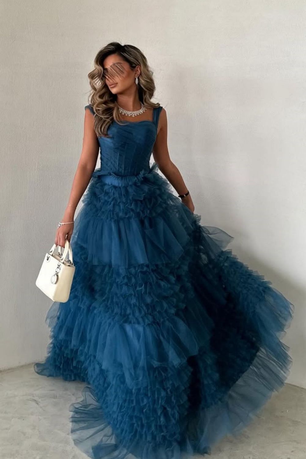 Luuvis Women Dark Blue A-Line Straps Long Ruffle Tulle Formal Party Dress