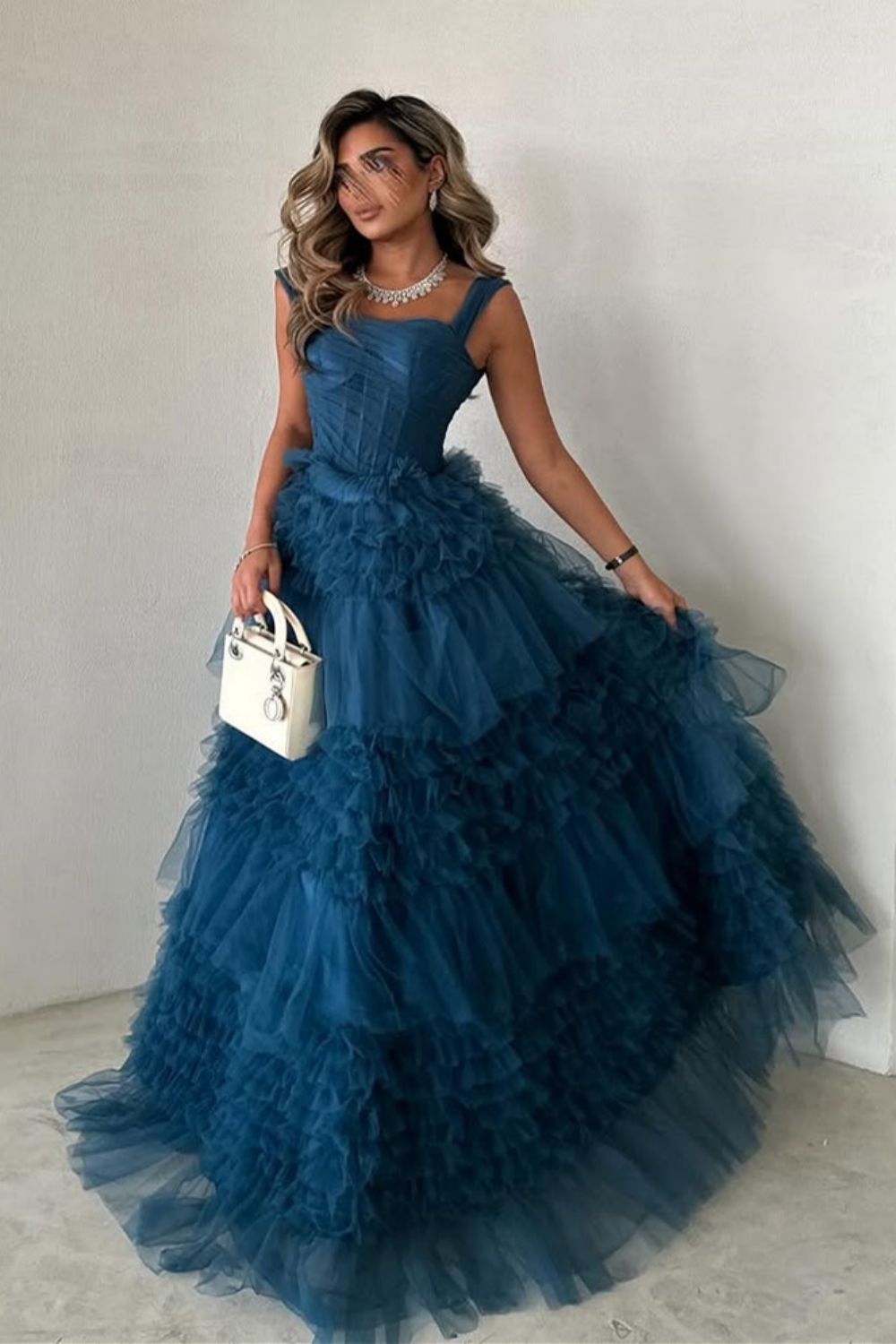 ruffle strap a line dress in blue A-Line Straps Sky Blue Chiffon Ruffles Long Prom Dress Sky Blue / 8