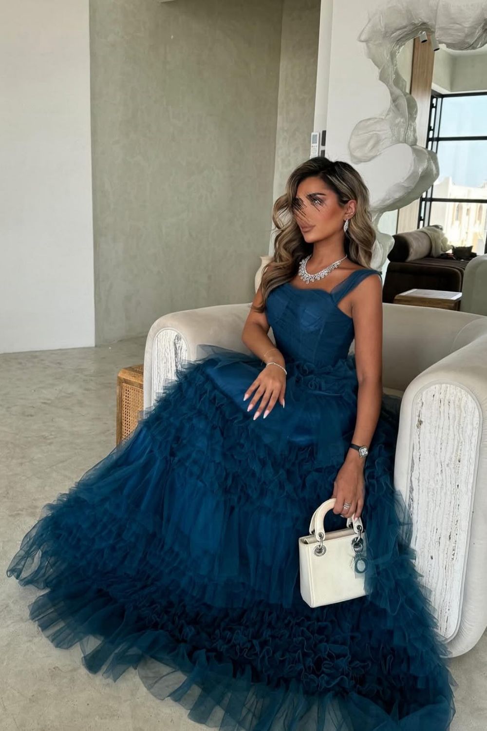 Luuvis Women Dark Blue A-Line Straps Long Ruffle Tulle Formal Party Dress